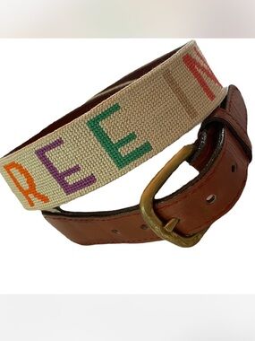 Vintage 90s Leather Belt with Woven Nautical Design